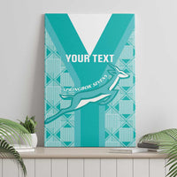 Teal canvas wall art on wall with “YOUR TEXT” and Springbok Sevens antelope