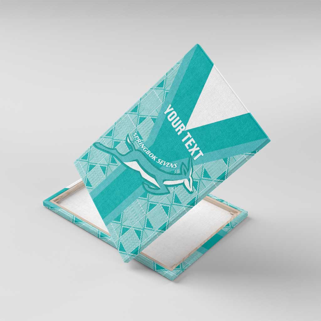 Teal canvas wall art, angled view, rugby antelope logo and “YOUR TEXT”