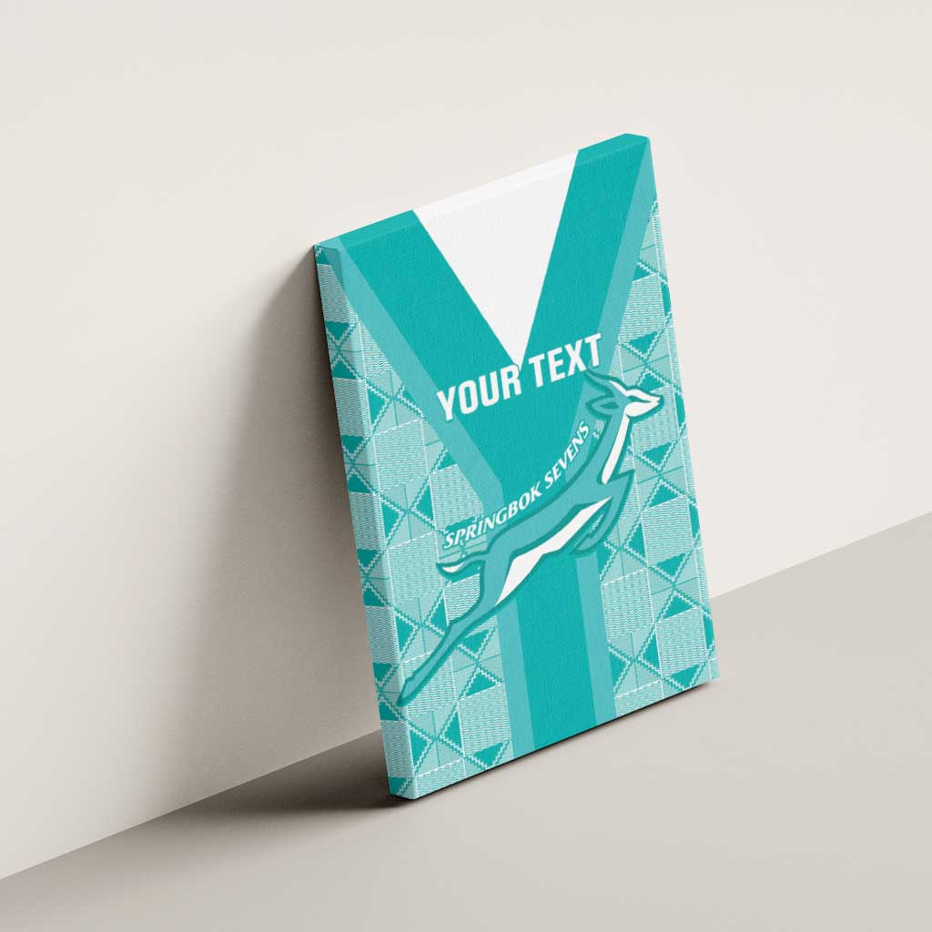 Teal canvas wall art angled on wall with “YOUR TEXT” and Springbok Sevens logo