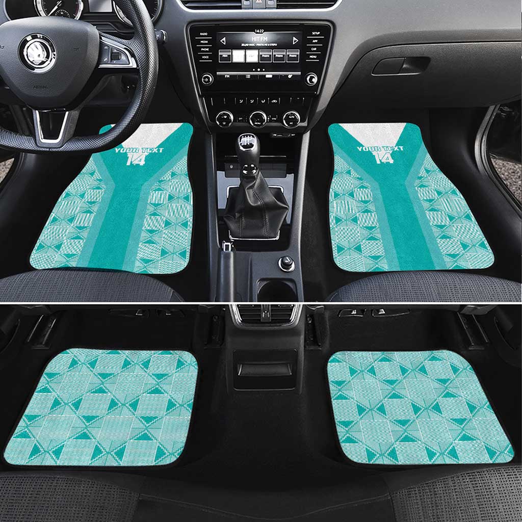 Teal custom-fit car floor mats, four-piece set with geometric pattern and center stripe