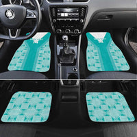 Teal custom-fit car floor mats, four-piece set with geometric pattern and center stripe