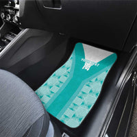 Teal custom-fit rear car floor mat with geometric pattern and center stripe