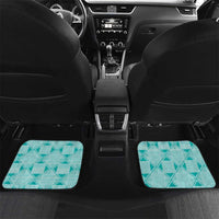 Teal custom-fit car floor mats with geometric pattern, shown on front seats