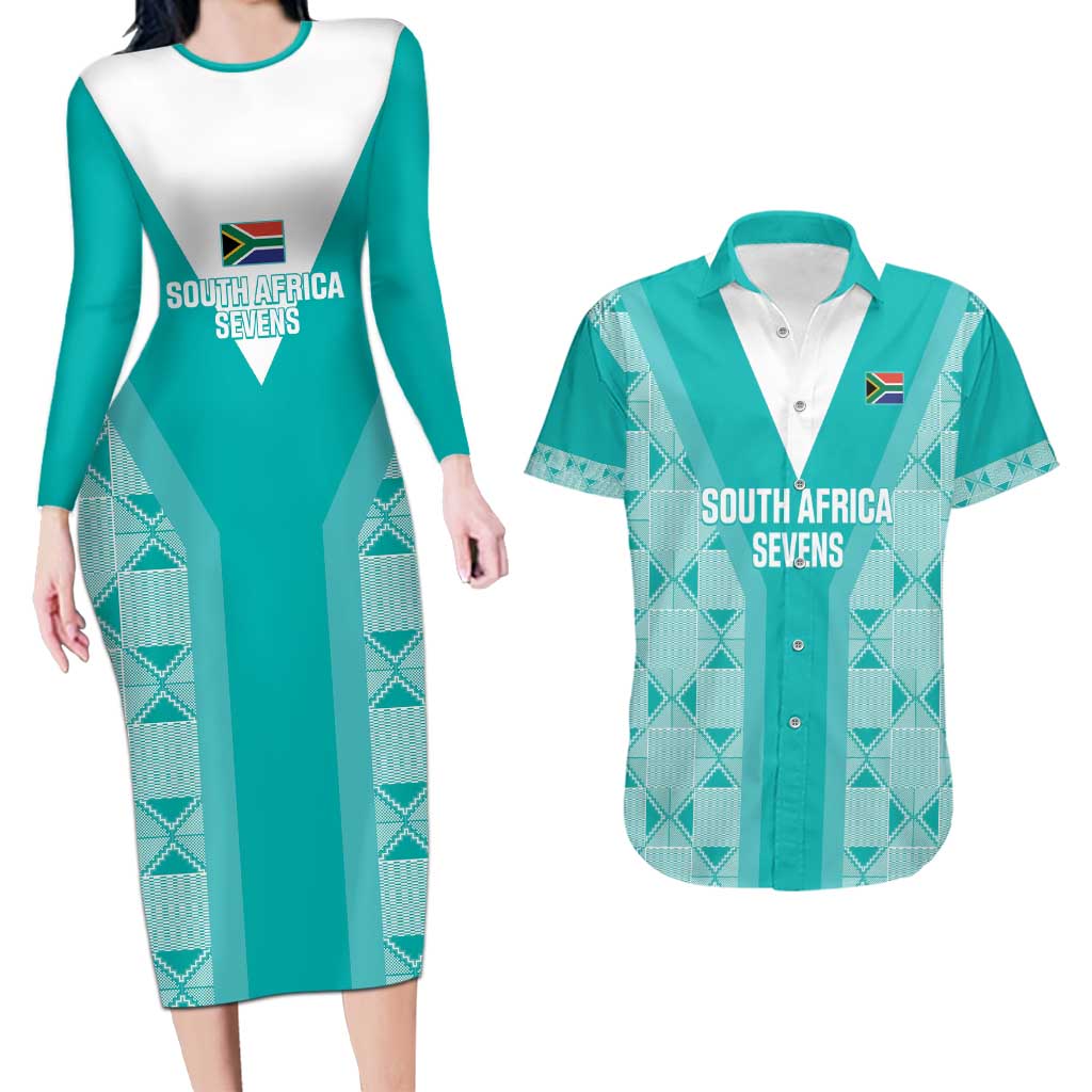 Custom South Africa Rugby Couples Matching Long Sleeve Bodycon Dress and Hawaiian Shirt Go Champions Springboks - Teal Version - Wonder Print Shop