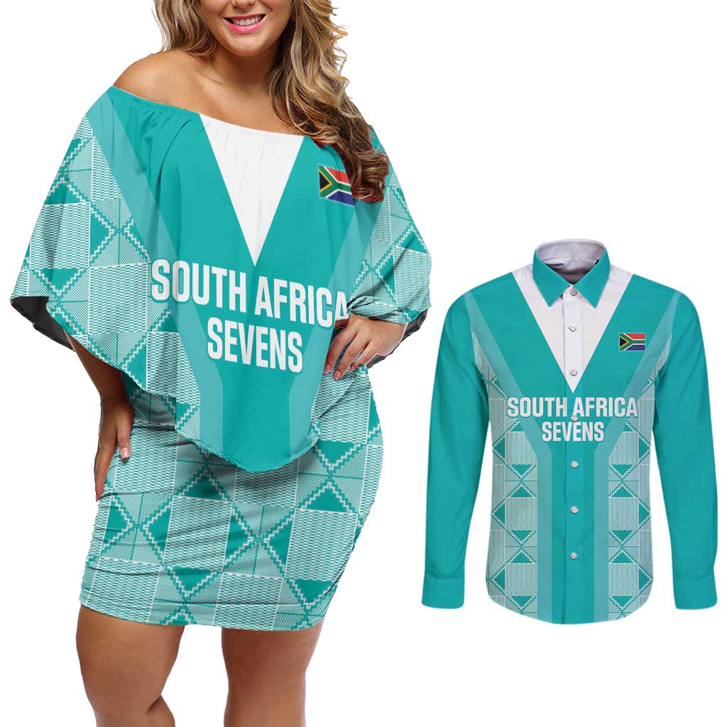 Custom South Africa Rugby Couples Matching Off Shoulder Short Dress and Long Sleeve Button Shirt Go Champions Springboks - Teal Version - Wonder Print Shop