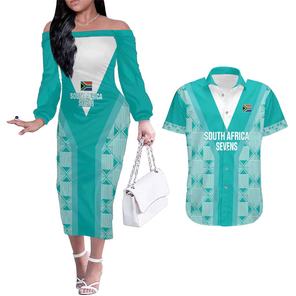 Custom South Africa Rugby Couples Matching Off The Shoulder Long Sleeve Dress and Hawaiian Shirt Go Champions Springboks - Teal Version - Wonder Print Shop