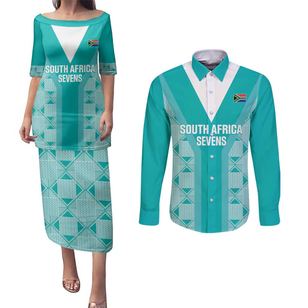 Custom South Africa Rugby Couples Matching Puletasi and Long Sleeve Button Shirt Go Champions Springboks - Teal Version - Wonder Print Shop