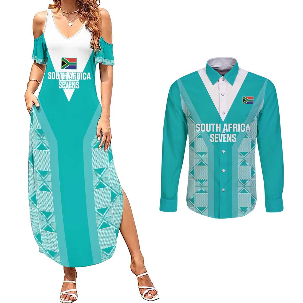 Custom South Africa Rugby Couples Matching Summer Maxi Dress and Long Sleeve Button Shirt Go Champions Springboks - Teal Version - Wonder Print Shop