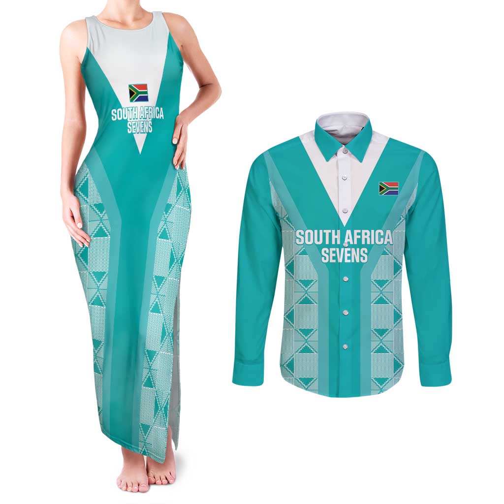 Custom South Africa Rugby Couples Matching Tank Maxi Dress and Long Sleeve Button Shirt Go Champions Springboks - Teal Version - Wonder Print Shop