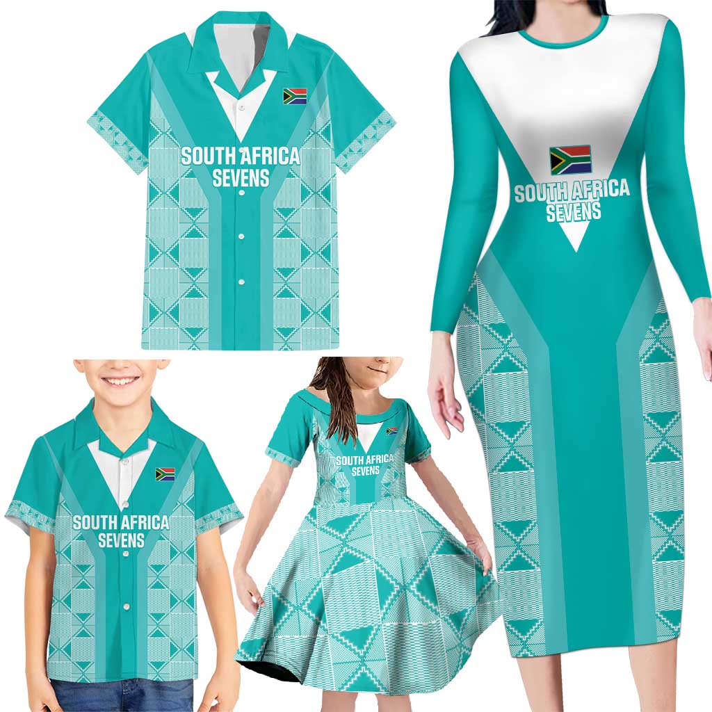 Custom South Africa Rugby Family Matching Long Sleeve Bodycon Dress and Hawaiian Shirt Go Champions Springboks - Teal Version - Wonder Print Shop