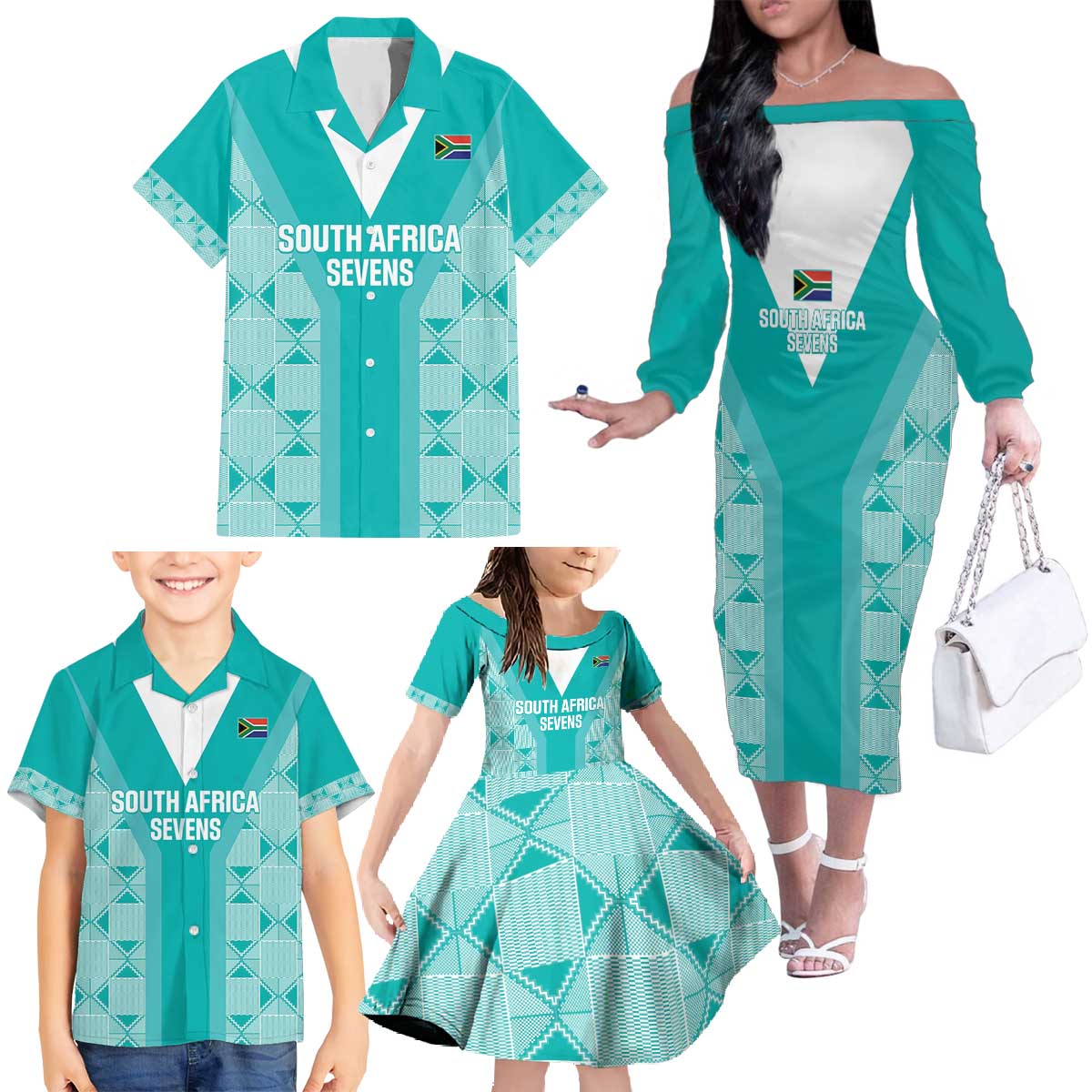 Custom South Africa Rugby Family Matching Off The Shoulder Long Sleeve Dress and Hawaiian Shirt Go Champions Springboks - Teal Version - Wonder Print Shop