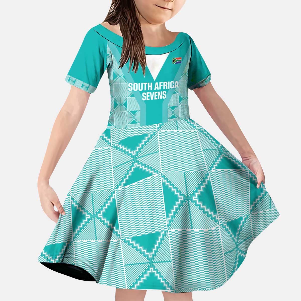 Custom South Africa Rugby Kid Short Sleeve Dress Go Champions Springboks - Teal Version - Wonder Print Shop