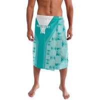 Men's teal wrap-style rugby sarong with geometric panel design and white waistband