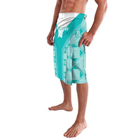 Men's teal wrap sarong with geometric panels, white waistband, side view