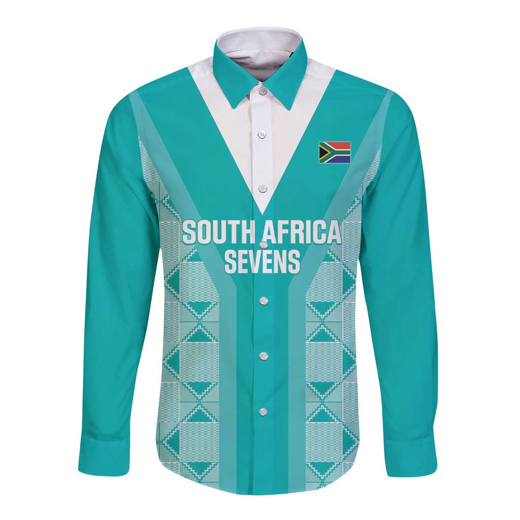 Teal long-sleeve button rugby shirt with white collar and South Africa Sevens print
