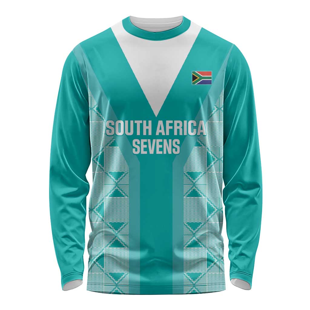 Teal and white long-sleeve rugby shirt with V-panel graphics and South Africa Sevens text