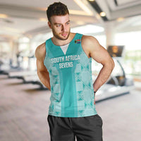 Men's teal rugby tank top with South Africa Sevens front graphic
