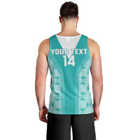 Men's teal rugby tank top back view with YOUR TEXT and number 14