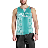 Men's teal rugby tank top front view with South Africa Sevens and patterned panels