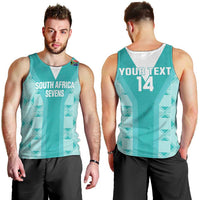 Men's teal rugby tank top shown front and back with South Africa Sevens and 14