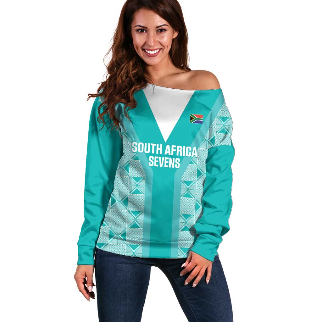 Teal off-shoulder rugby sweater with white panel and South Africa Sevens front print