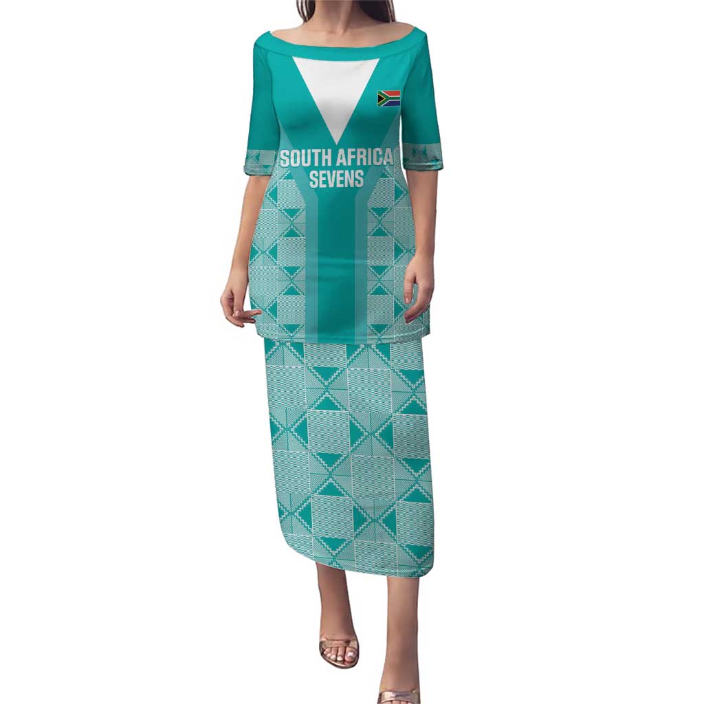 Teal long rugby-style dress with geometric pattern and front team text print