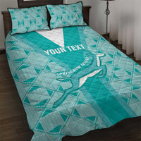 Teal quilt bed set with quilted texture, two pillows, YOUR TEXT print and Springbok