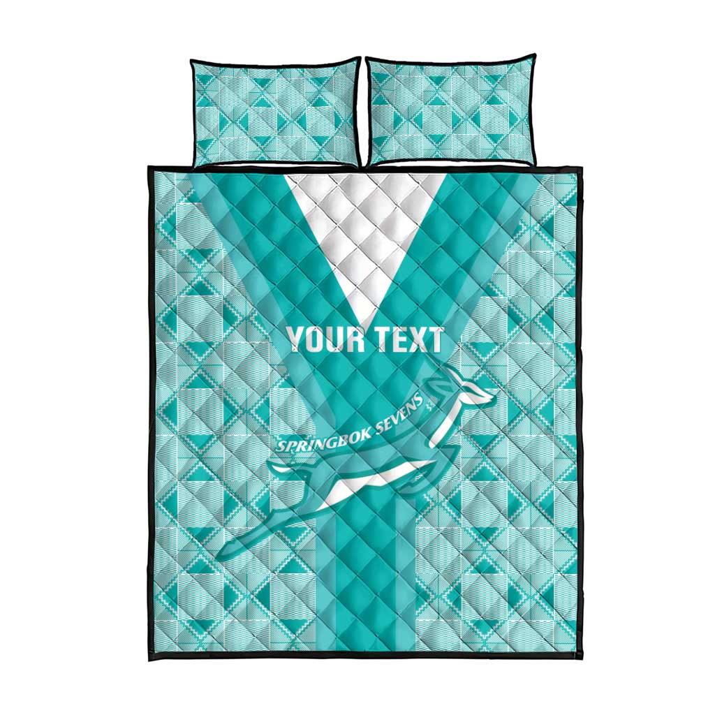 Teal rugby-themed quilt bed set with two matching pillows and Springbok graphic