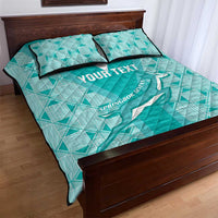 Teal quilt bed set with two pillows, white text panel and Springbok Sevens emblem