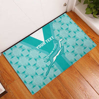 Teal rubber rugby doormat with diamond pattern, Springbok silhouette and custom text