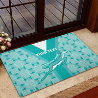 Teal rubber rugby doormat with geometric diamonds, Springbok silhouette and YOUR TEXT