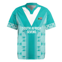 Teal rugby jersey with white V yoke, South Africa Sevens print, and flag badge