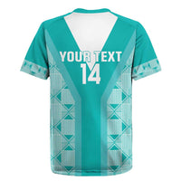 Teal rugby jersey with white V yoke, Your Text 14 print, and geometric side panels