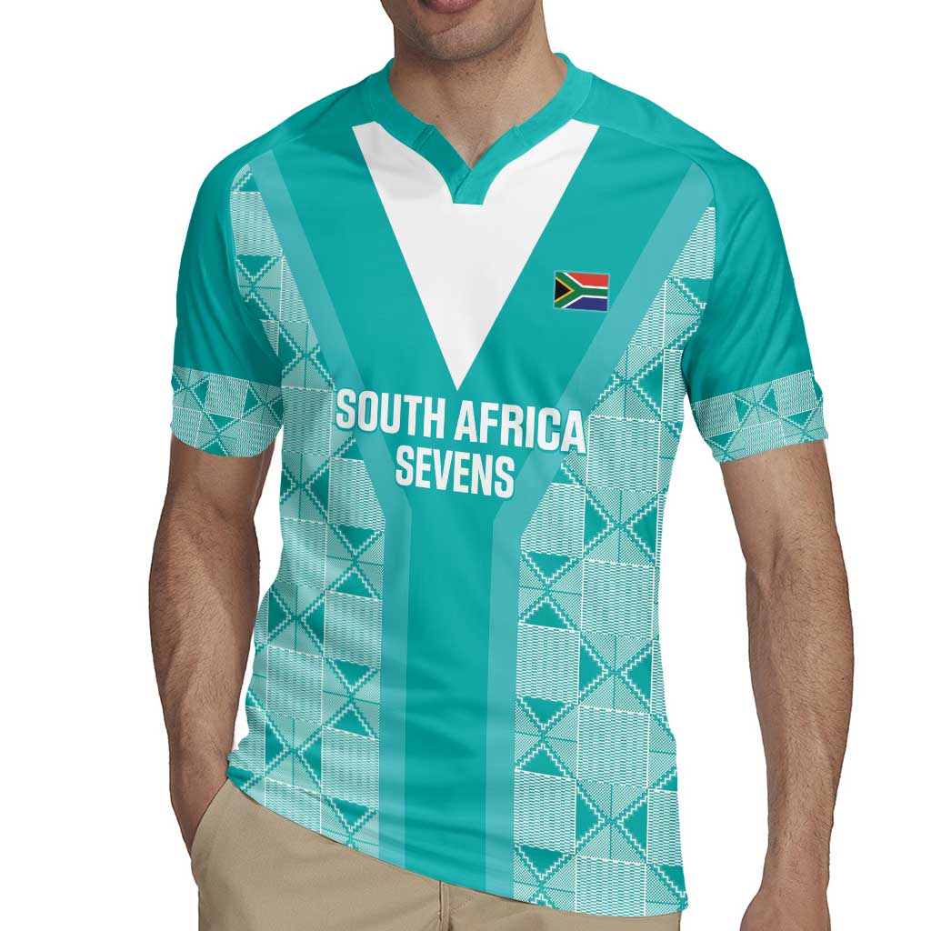 Teal rugby jersey with South Africa Sevens chest print and geometric side pattern