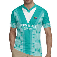 Teal rugby jersey with South Africa Sevens chest print and geometric side pattern