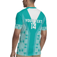 Teal rugby jersey back with Your Text 14 print and geometric side panels