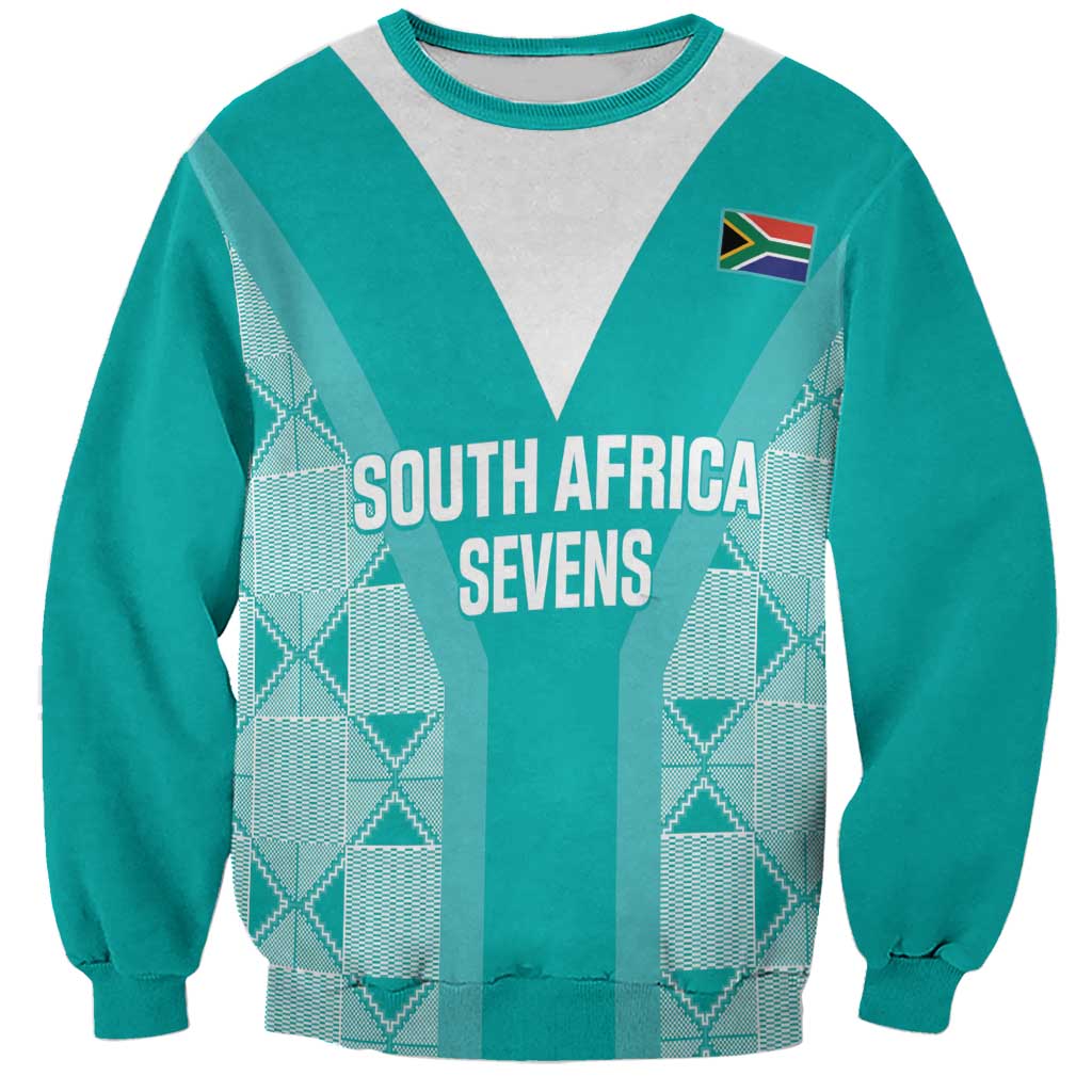 Teal crewneck rugby sweatshirt with South Africa Sevens front graphic