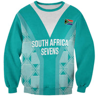 Teal crewneck rugby sweatshirt with South Africa Sevens front graphic