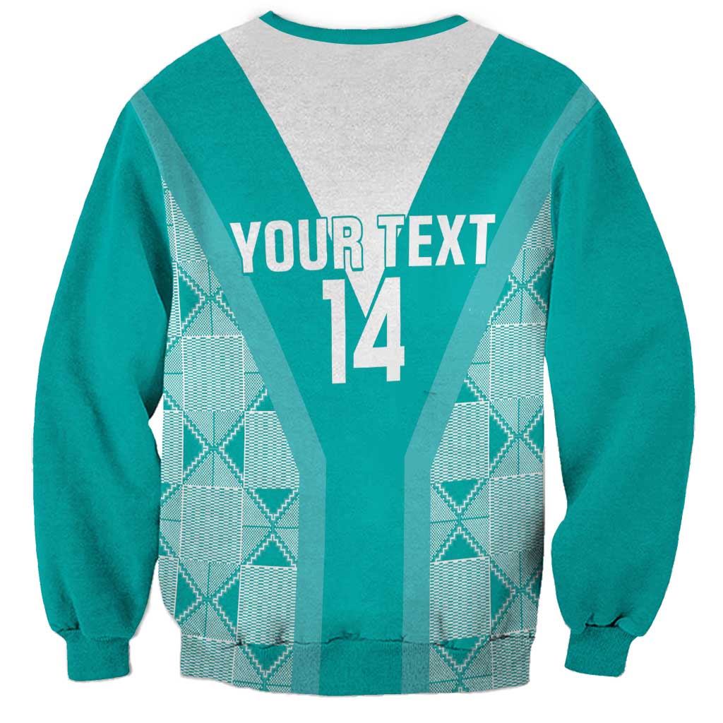 Teal crewneck rugby sweatshirt with customizable text and number 14 on back
