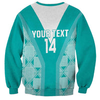 Teal crewneck rugby sweatshirt with customizable text and number 14 on back