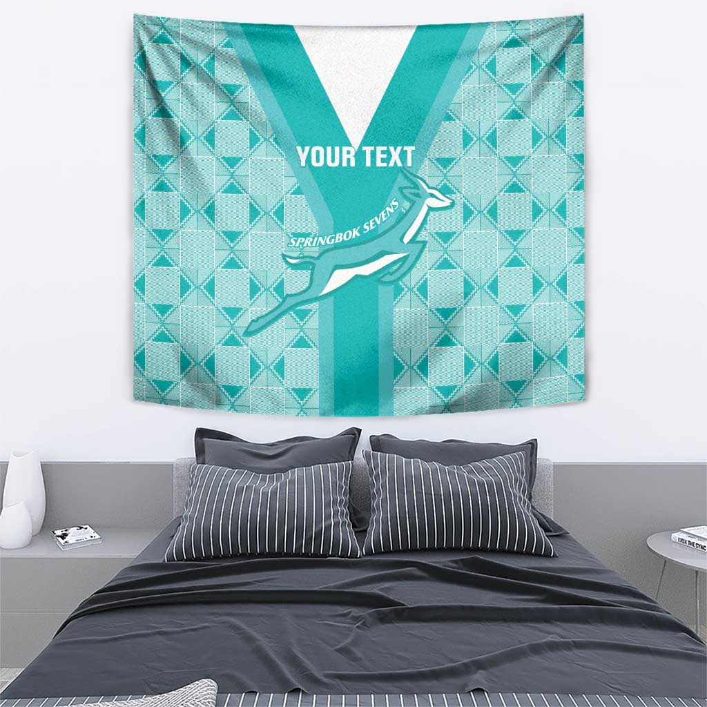 Teal wall rugby tapestry with springbok sevens graphic and geometric grid, “YOUR TEXT”