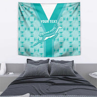 Teal wall rugby tapestry with springbok sevens graphic and geometric grid, “YOUR TEXT”