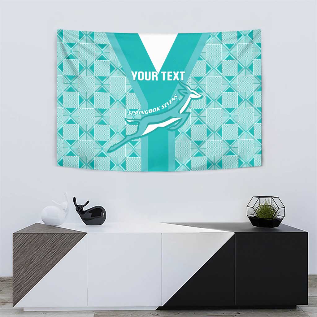 Teal rugby tapestry featuring springbok sevens emblem, geometric pattern, “YOUR TEXT”