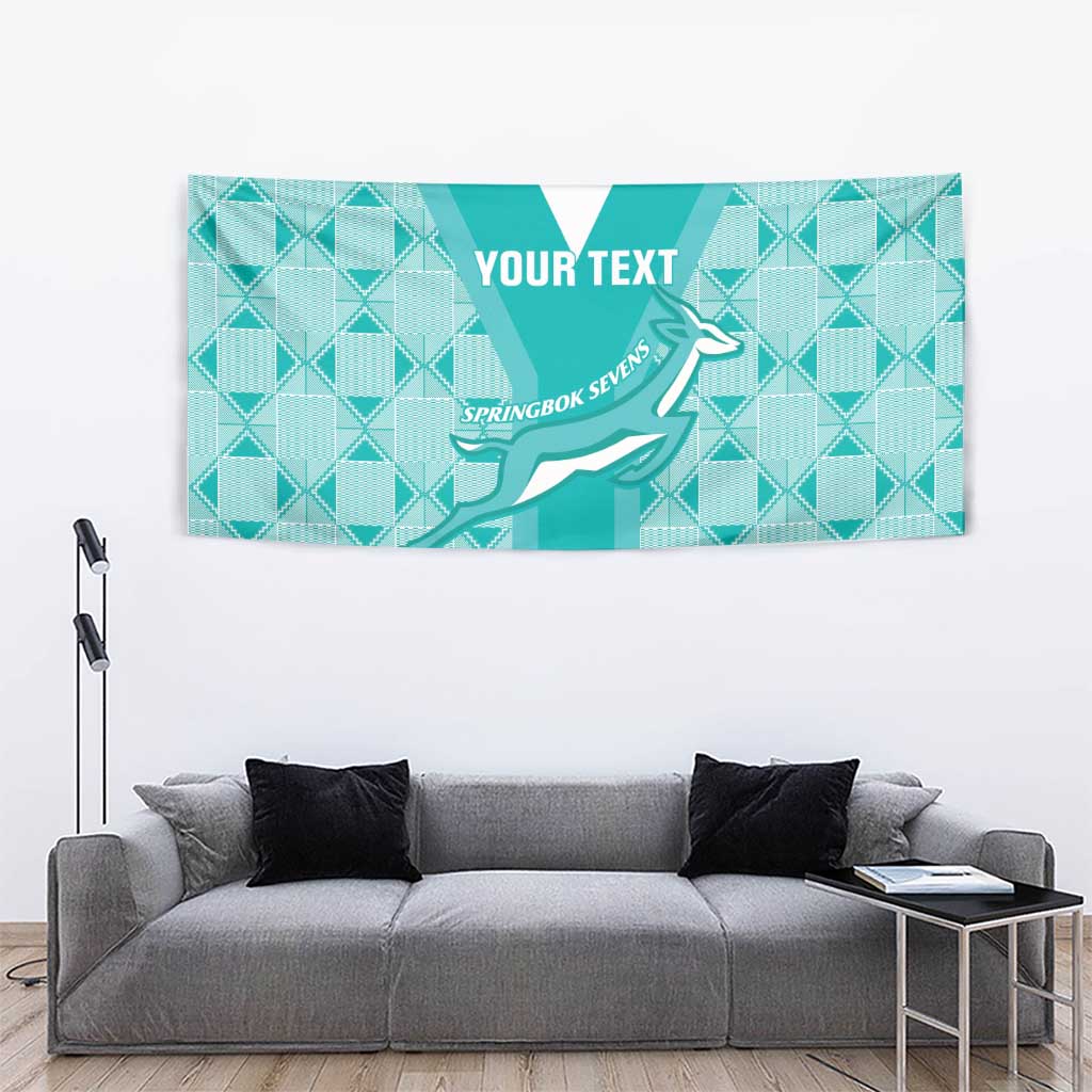 Teal wall rugby tapestry with geometric pattern, springbok sevens emblem, “YOUR TEXT”