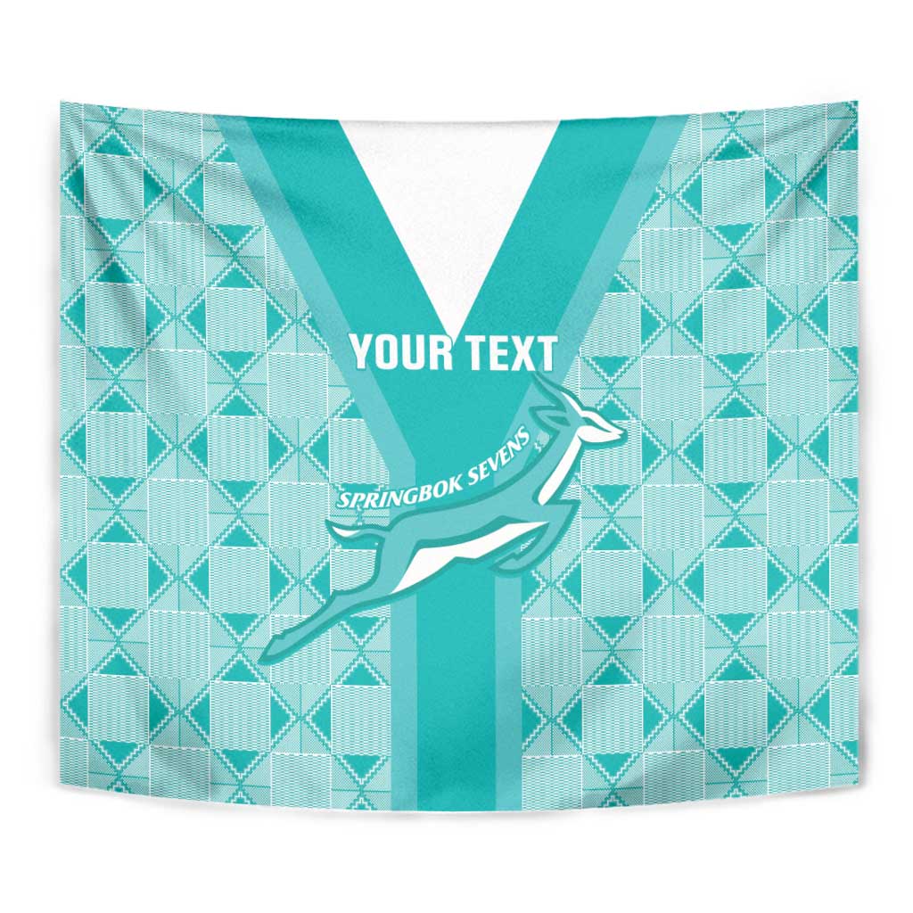 Teal rugby tapestry close-up with springbok sevens graphic, geometric blocks, “YOUR TEXT”