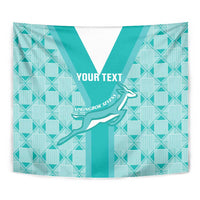 Teal rugby tapestry close-up with springbok sevens graphic, geometric blocks, “YOUR TEXT”