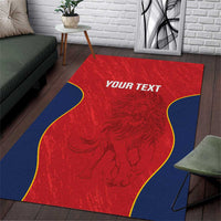 Red and blue custom lions rugby area rug with “YOUR TEXT” and lion graphic