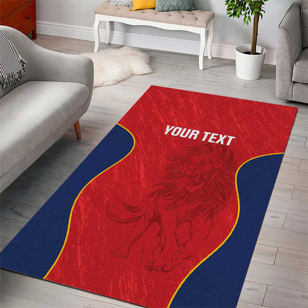 Red and blue custom lions rug with “YOUR TEXT” centered lion illustration