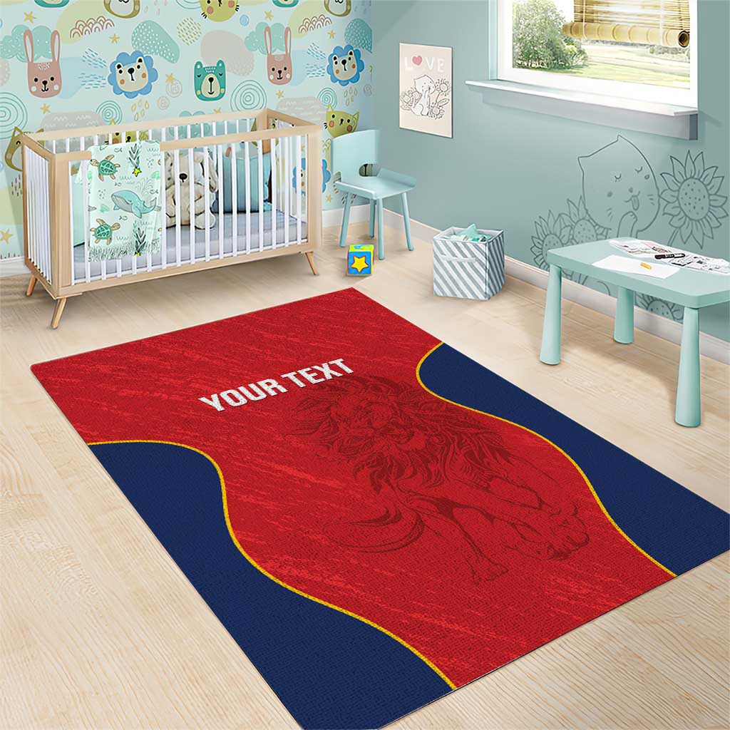 Red and blue kids lions area rug with “YOUR TEXT” and lion graphic