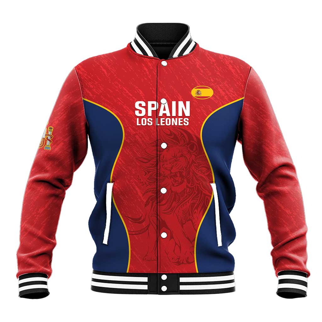 Red and navy baseball jacket with striped ribbed collar and snap front, Spain crest